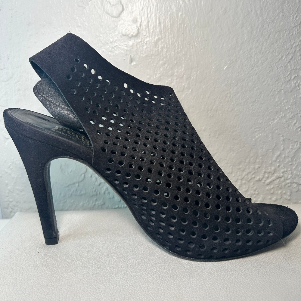 Pedro Garcia Sofia Black Suede Leather Peep Toe‎ Heels Slingback Perforated Sz 9